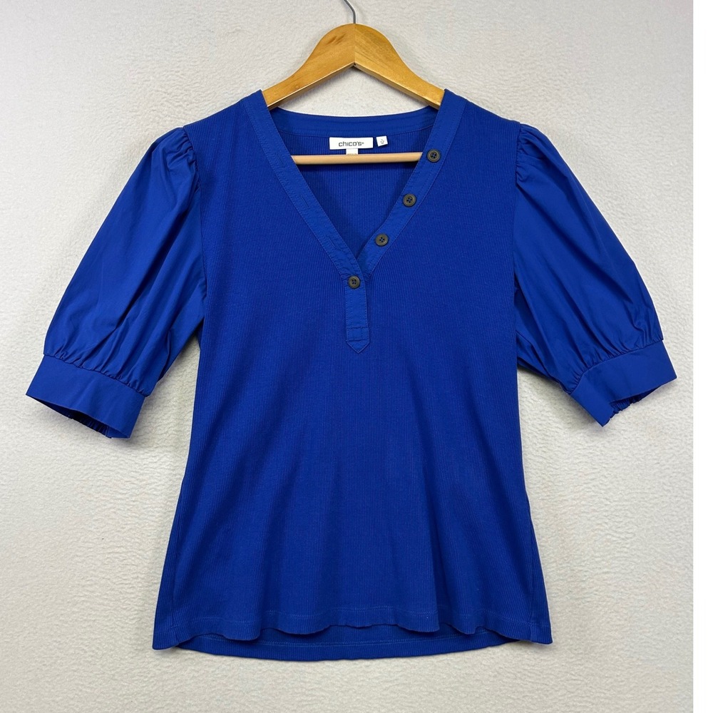 Business Casual Chico's Womens 1 M Royal Blue Mixed Media Puff Sleeve Ribbed Top